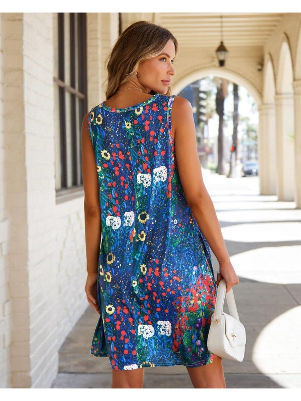 Women's Blue Floral Summer Dress Casual Sleeveless Tank Loose Sundress Pockets - Picture 6 of 6
